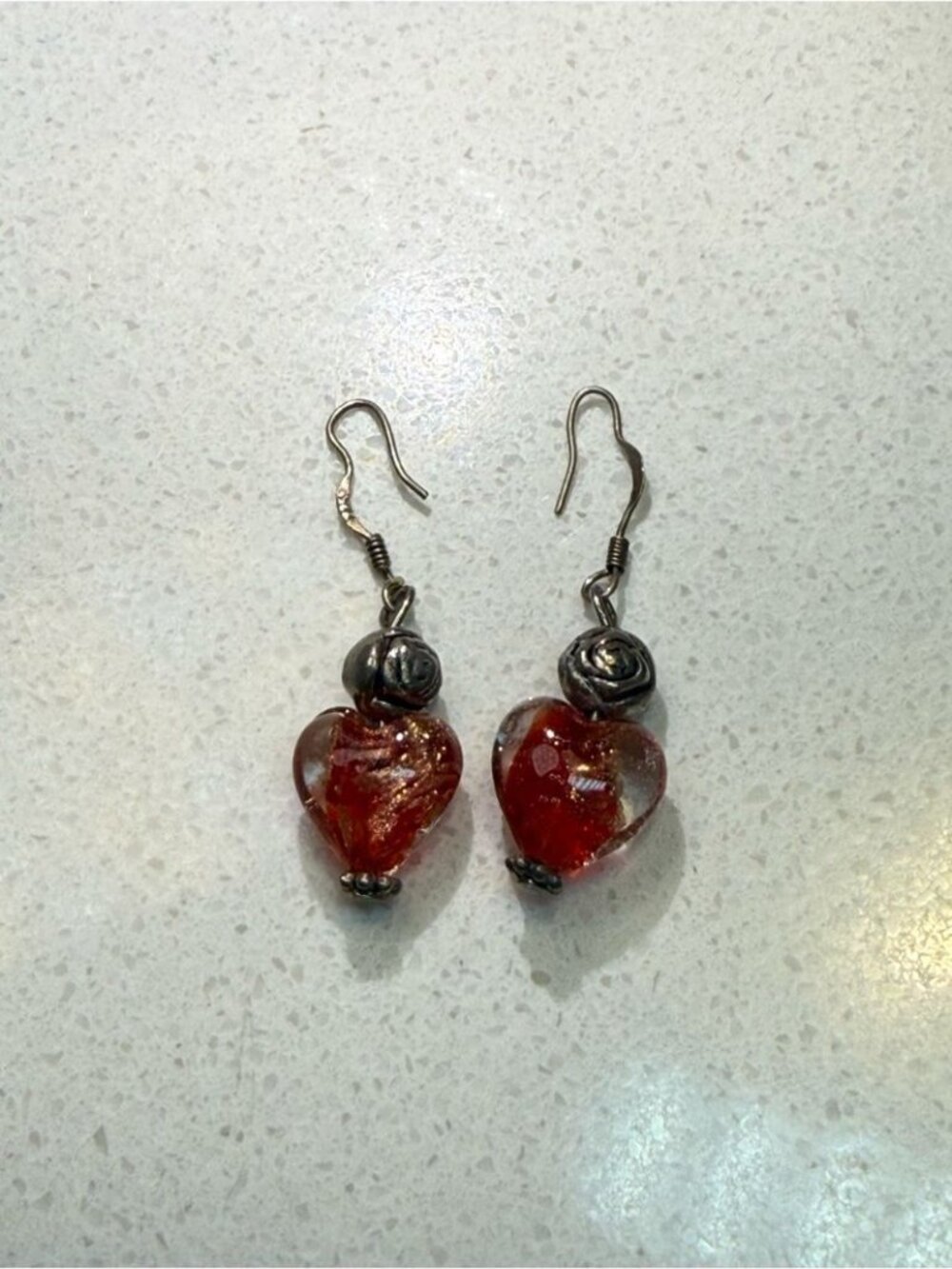 Vintage 925 Sterling Silver Dangle Earrings with Glass Heart and Rose Accent - Picture 2 of 4